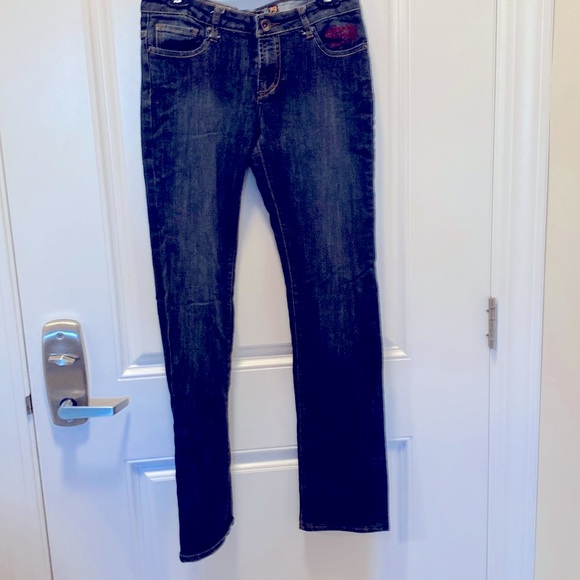 Ed Hardy Blue Jeans Embroidered with Skulls Dungarees - Picture 2 of 5